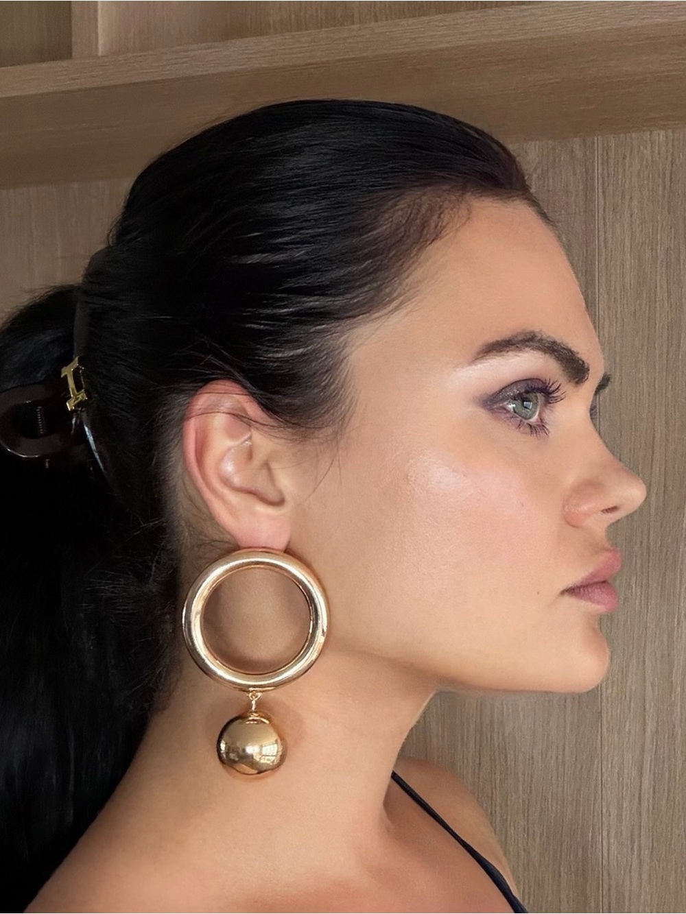 Gold Hoop Earrings with Dangling Sphere - Unbranded